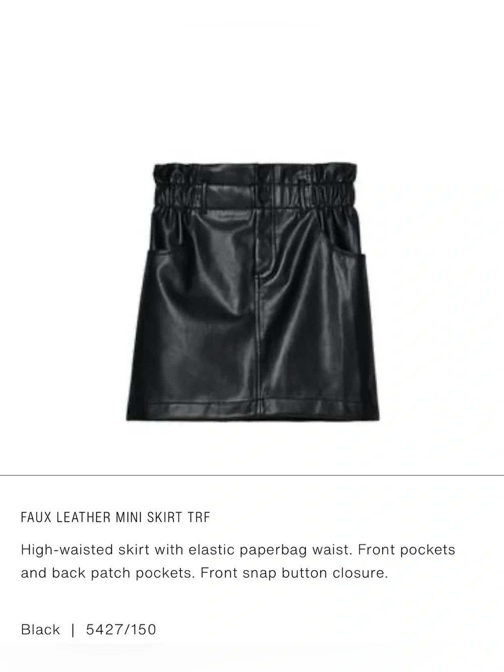 NWT Zara Black Faux Leather Paperbag Mini Skirt Medium